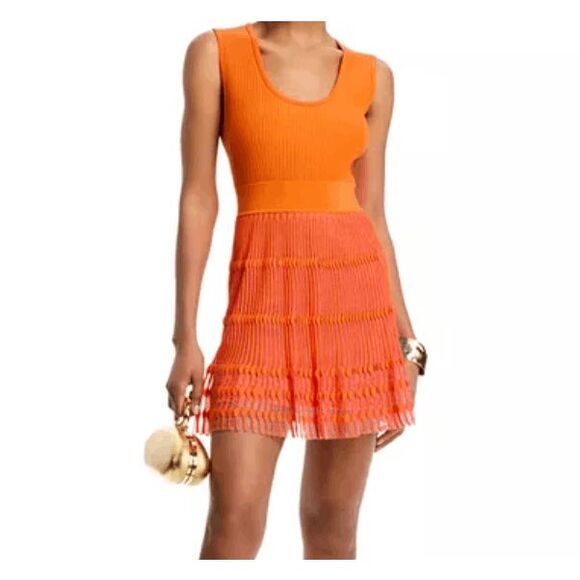 NWT Milly Sheer Knit Fit And Flare Mini Dress - Coral / L - Picture 1 of 14